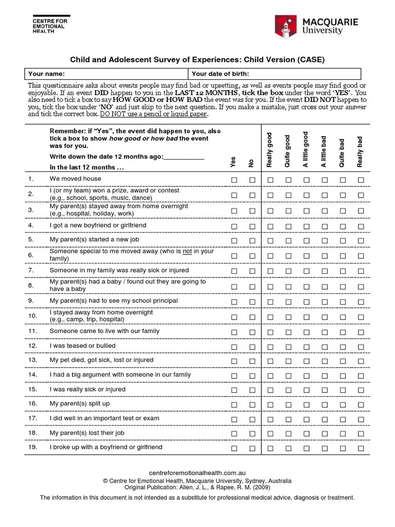 Life Events Questionnaire Psychology