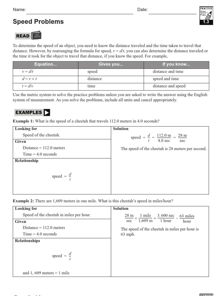 Speed, Distance and Time Worksheet PDF Speed Distance