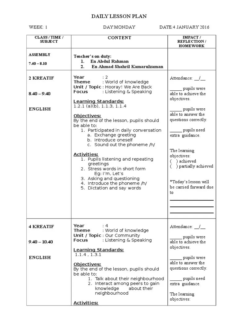 Contoh RPH Bahasa Inggeris Lesson Plan Human Communication Free
