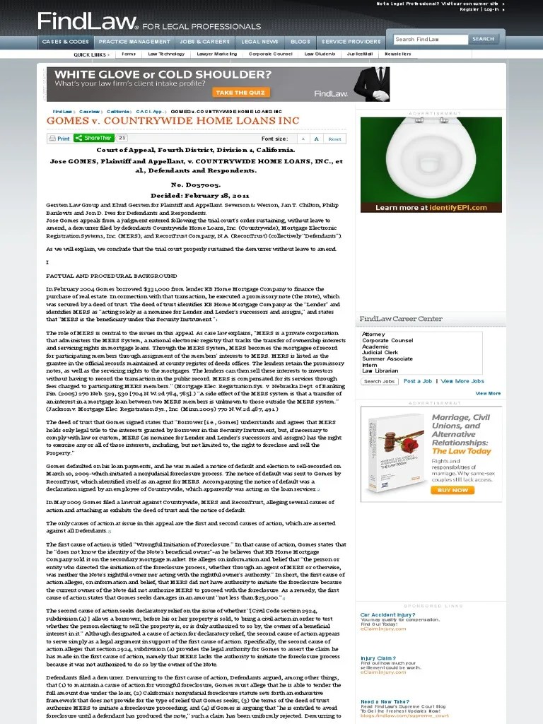 GOMES v. COUNTRYWIDE HOME LOANS INC FindLaw Foreclosure Mortgage Law