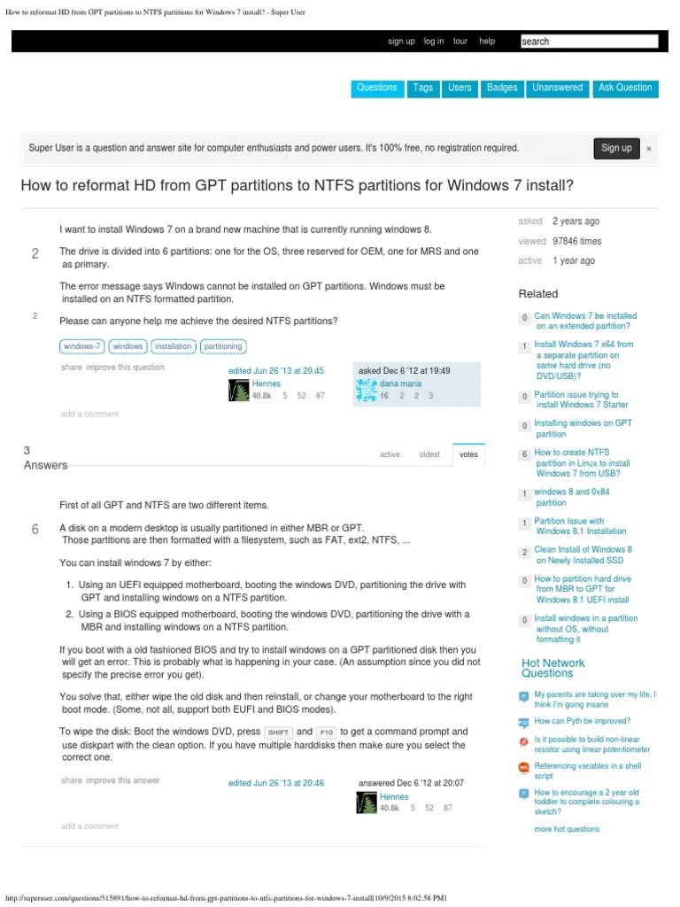 How To Reformat HD From GPT Partitions To NTFS Partitions For Windows 7
