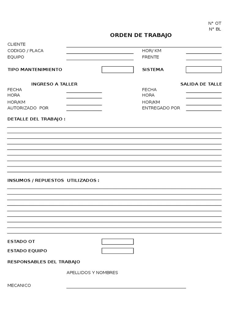 Orden De Trabajo Tipo Mantenimiento Sistema