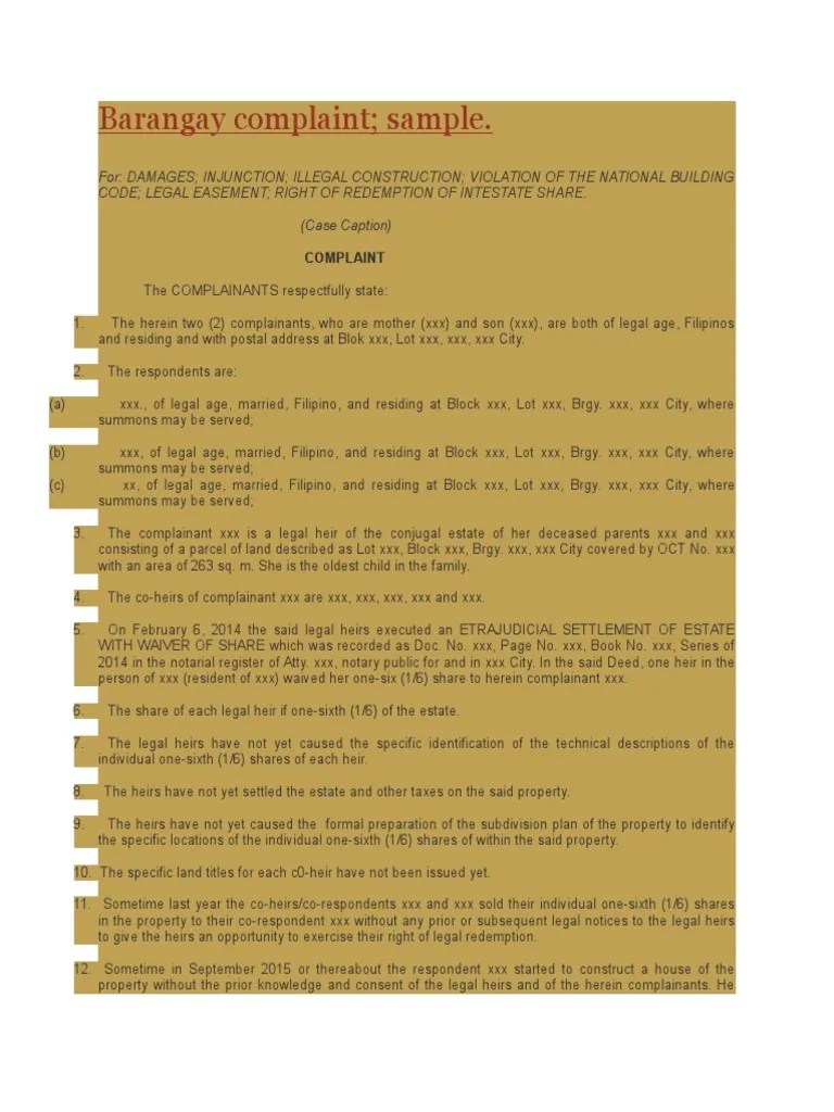 Barangay Complaint Damages Justice