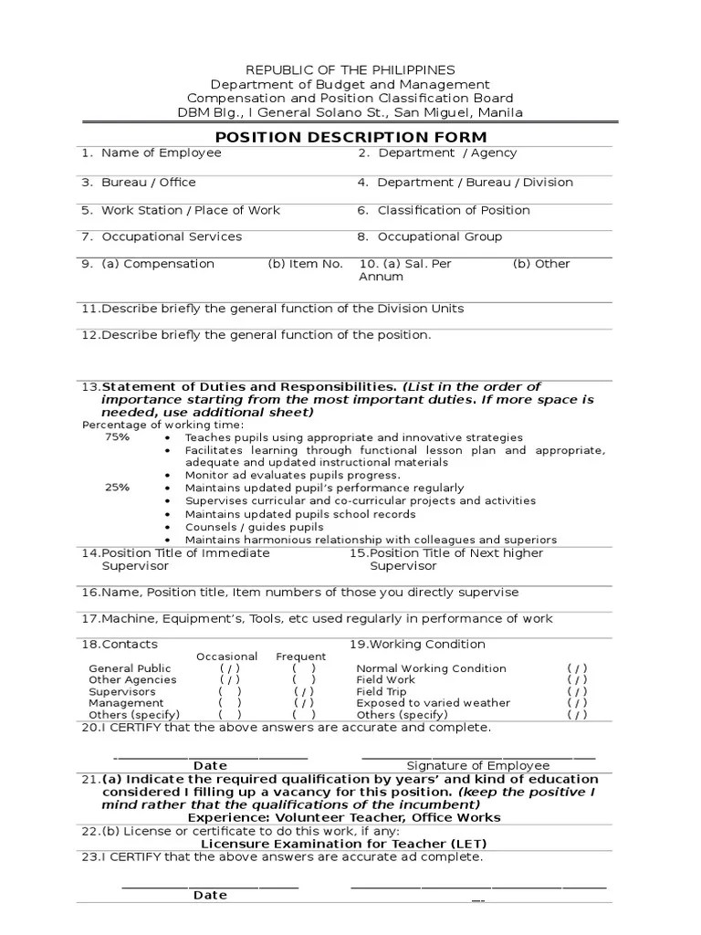Position Description Form With CS Form 211 (Medical Certificate