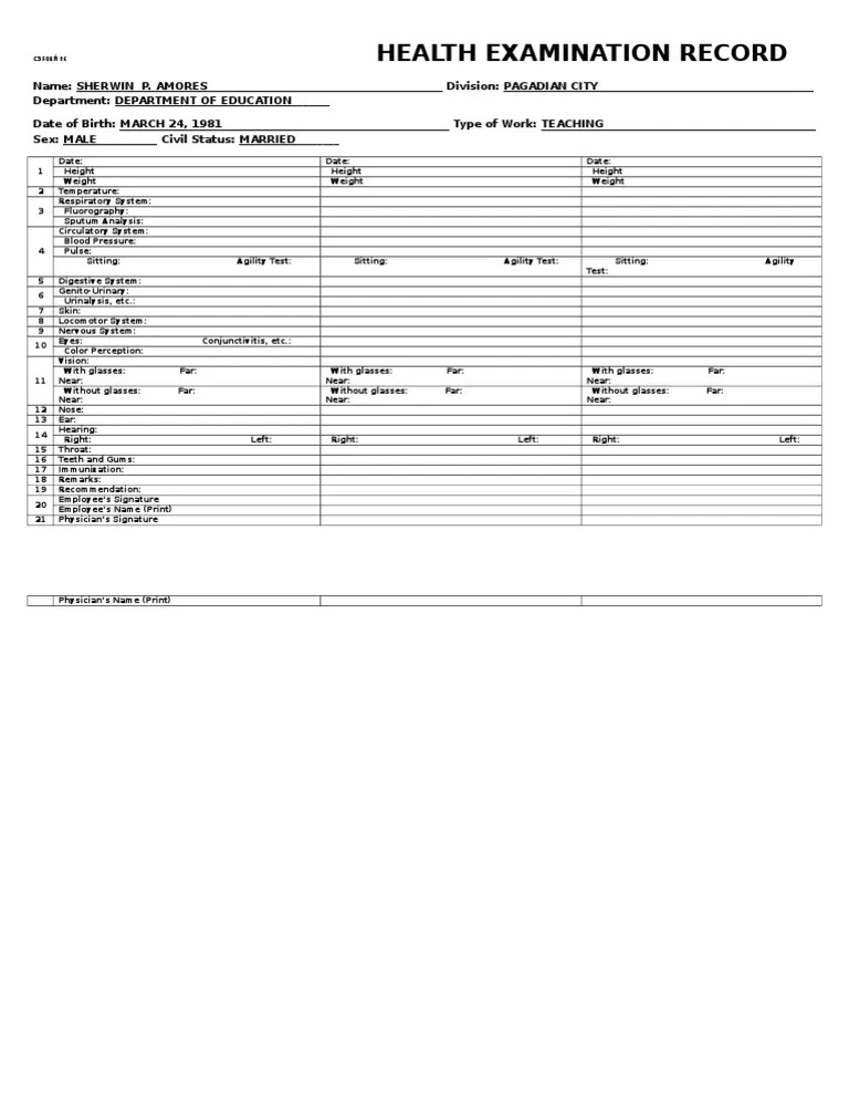 Cs Form 86 Health Examination Record