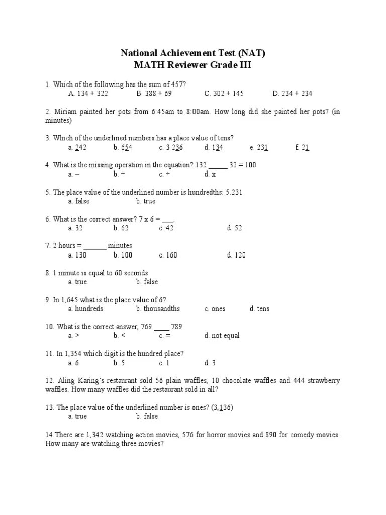 National Achievement Test For Grade 3