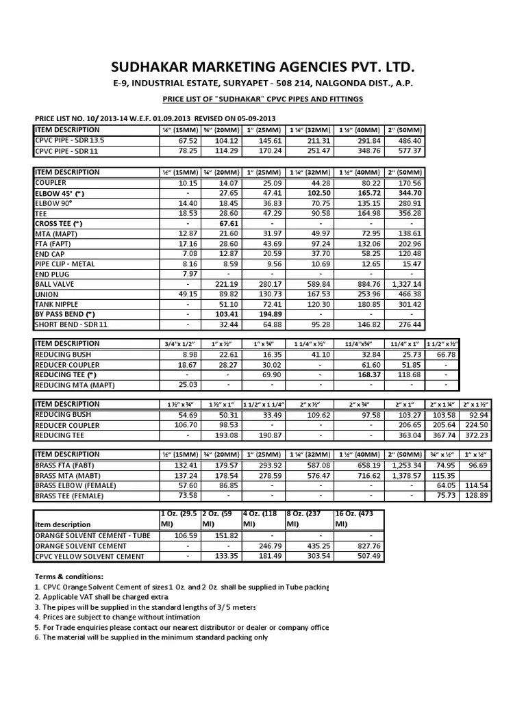 Price List of Sudhakar Cpvc Pipes and Fittings