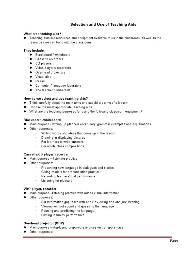 Selection and Use of Teaching Aids Classroom Teachers
