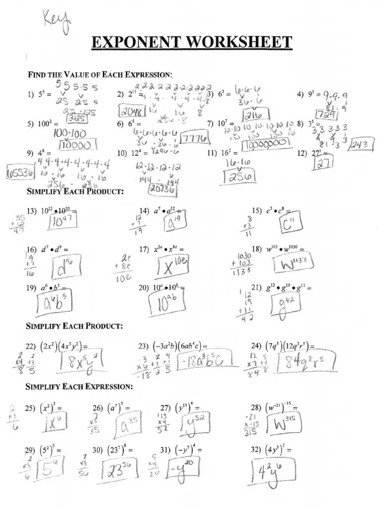 exponent worksheet multipliction answer key