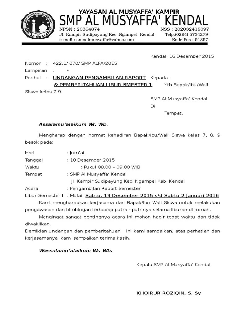 Contoh Surat Undangan Wali Murid Pengambilan Raport