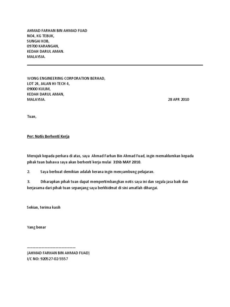 Copy Past Surat Notis Berhenti Kerja Seminggu Contoh Surat Berhenti Kerja Serta Merta 24 Jam Dan Sebulan Dalam Bm Bi Surat Berhenti Kerja Juga Hendaklah Dihantar Terus Kepada Bahagian Sumber