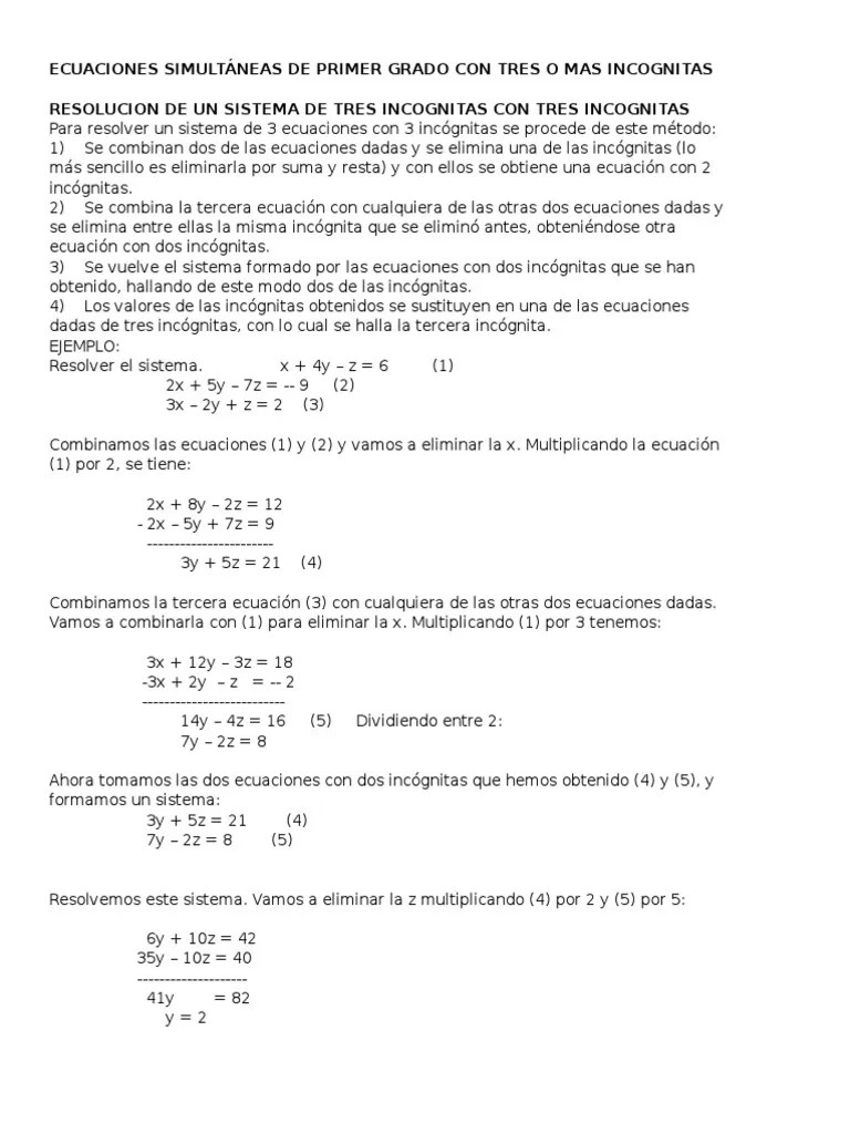 Ecuaciones Simultáneas de Primer Grado Con Tres o Mas Incognitas