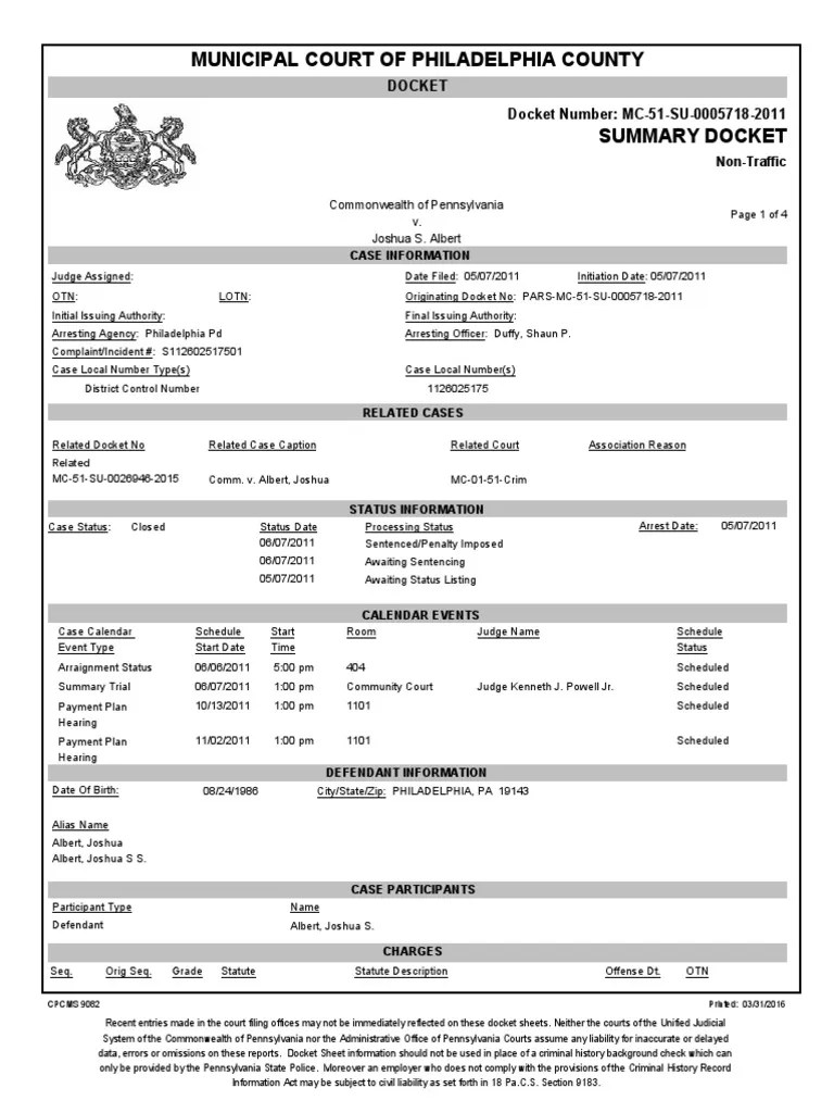 Philadelphia Court Docket Joshua S. Albert PDF Criminal Record