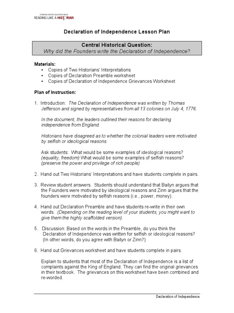 Declaration Of Independence Worksheet Answers