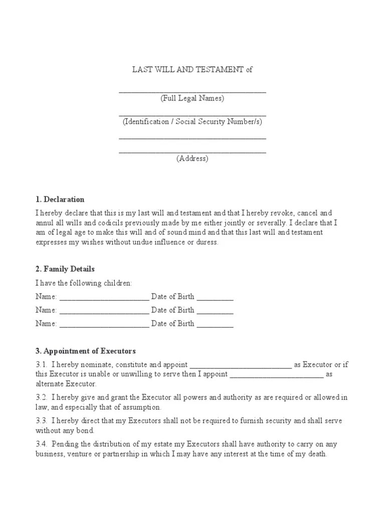 Last Will Template PDF Will And Testament Executor