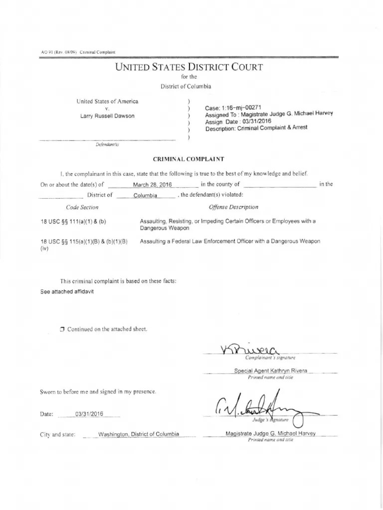 Dawson, Larry Complaint and Affidavit March 31, 2016 Arrest