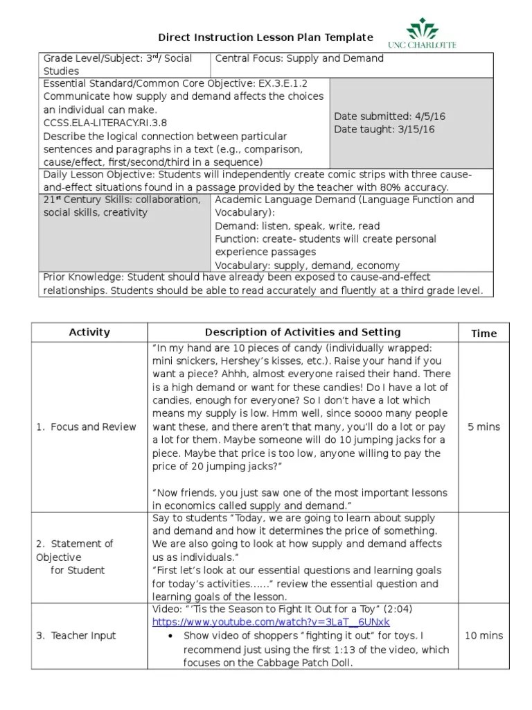 Direct Instruction Lesson Plan Supply and Demand PDF Demand Prices