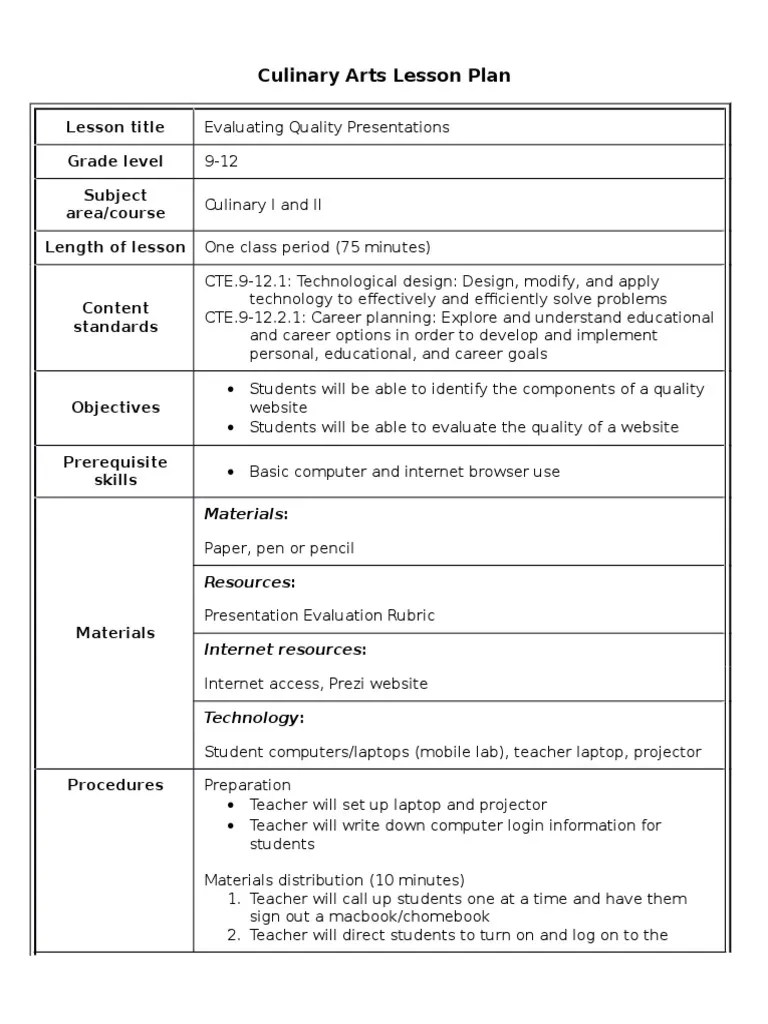 Culinary Arts Lesson Plan Lesson Title Grade Level Subject Area/course Length of Lesson PDF