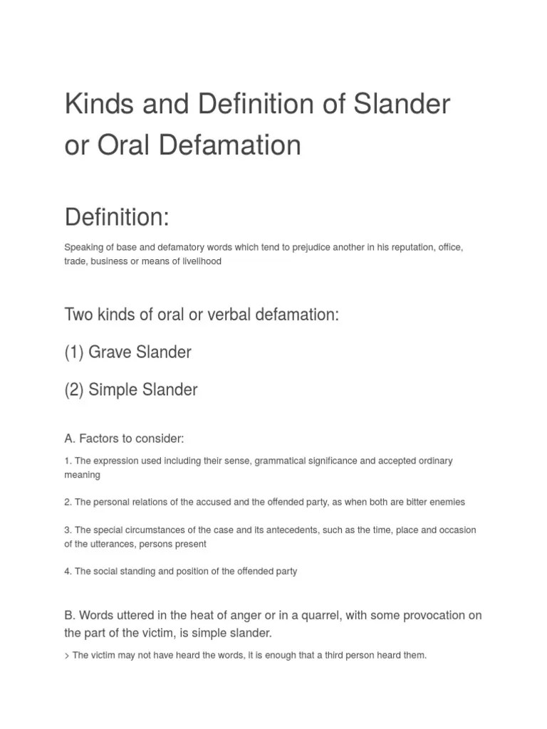 Kinds and Definition of Slander or Oral Defamation Defamation Adultery
