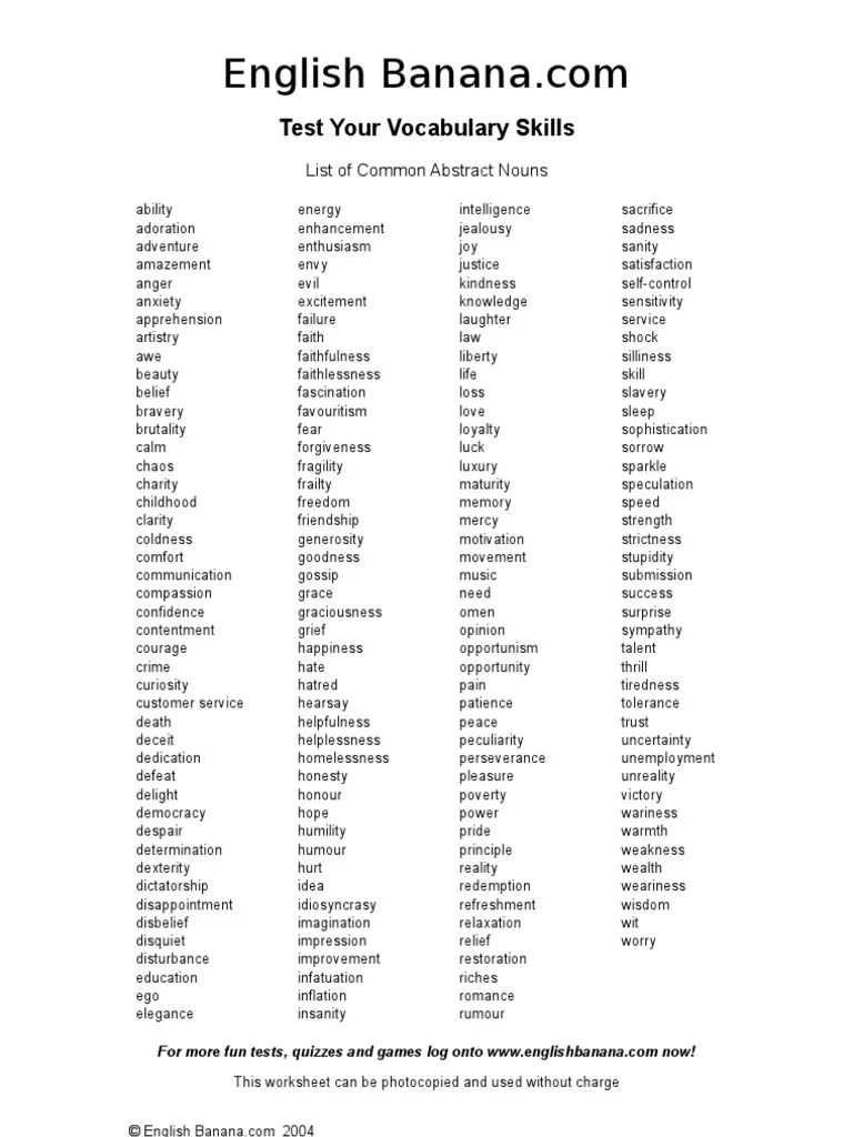 List of Common Abstract Nouns Courage Personality Traits