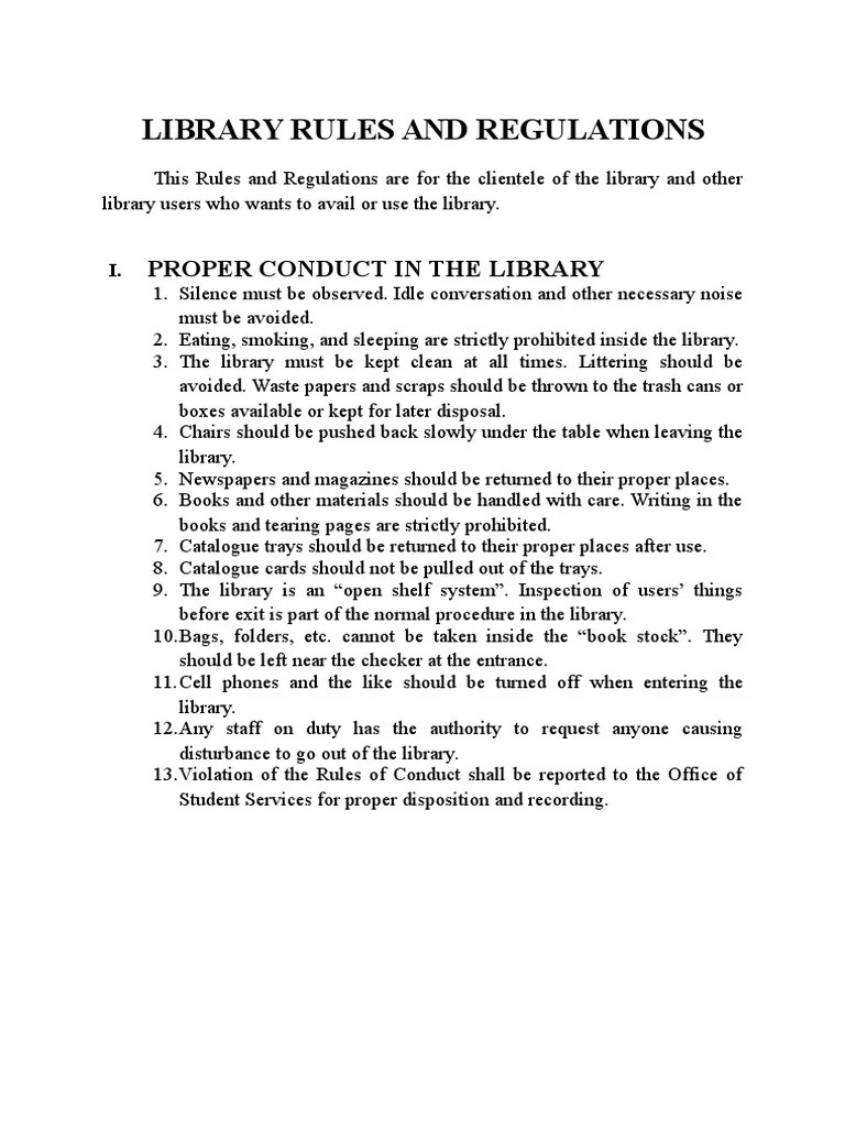 Library Rules and Regulations PDF Libraries Social Institutions