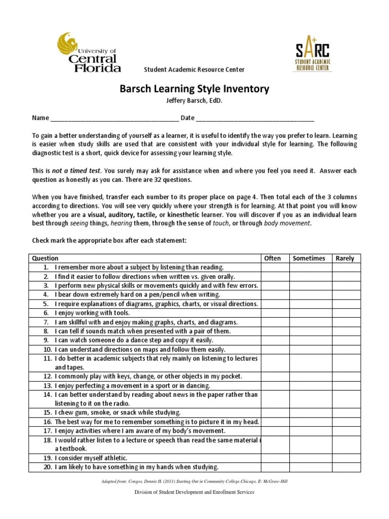 Barsch Learning Styles Inventory1 PDF Learning Styles Study Skills