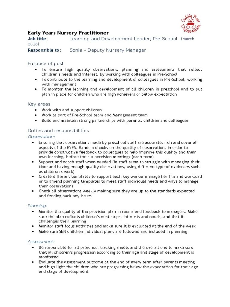 Early Years Nursery Practitioner Job title; Responsible to Preschool
