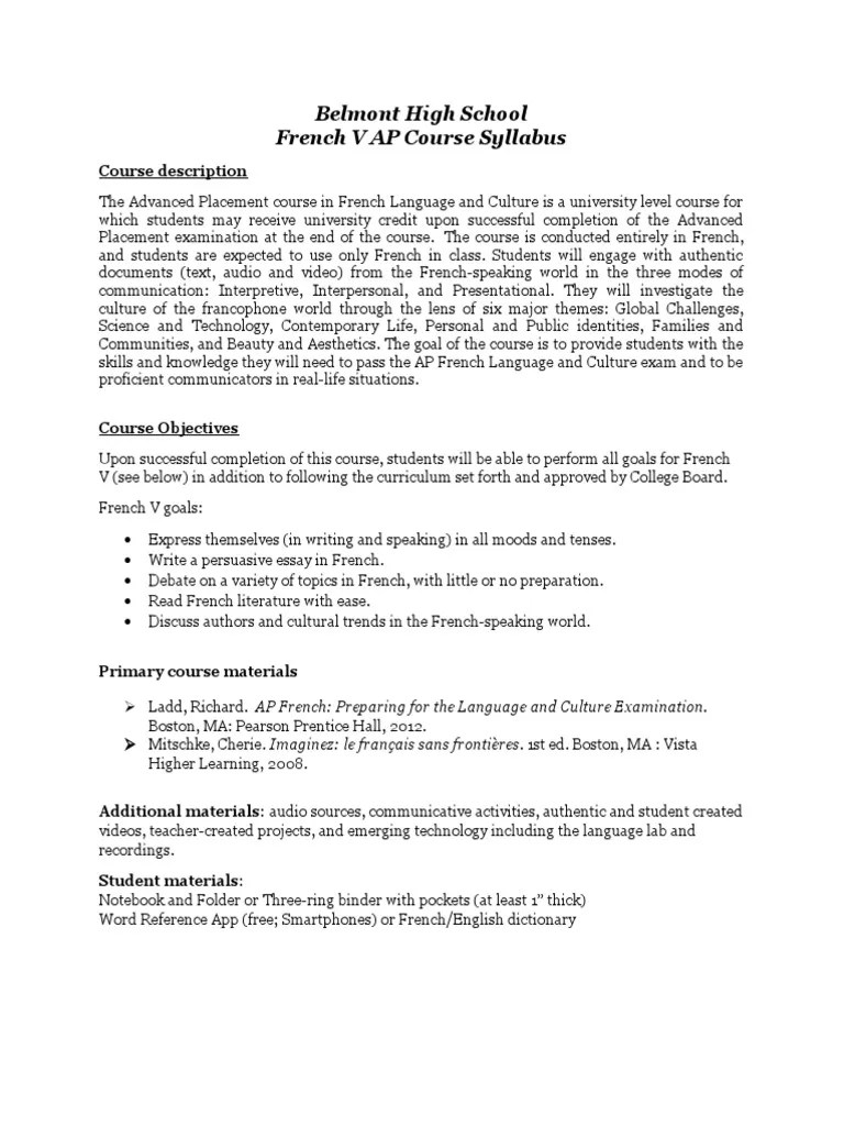 ap french syllabus student 1 Advanced Placement Homework