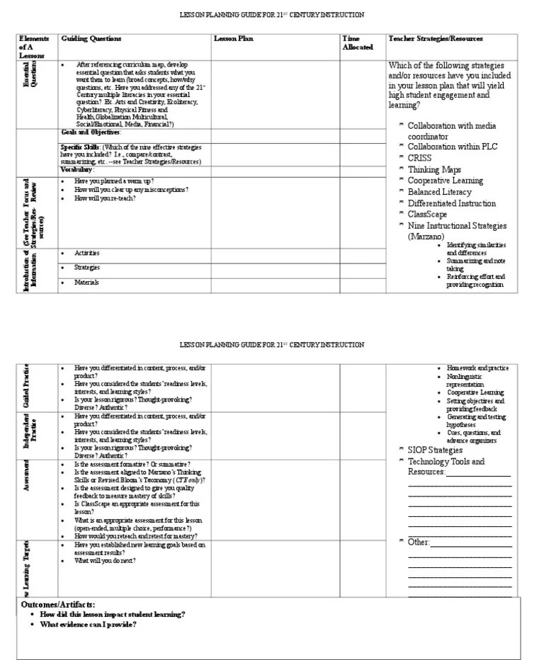 21st Century Lesson Plan Template Educational Assessment Strategic Management