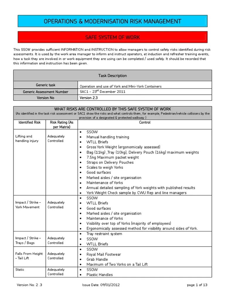 Sample Safe System of Work PDF Mail Occupational Safety And Health