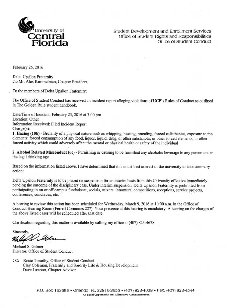 Interim Suspension Letter, Delta Upsilon, February 2016 PDF