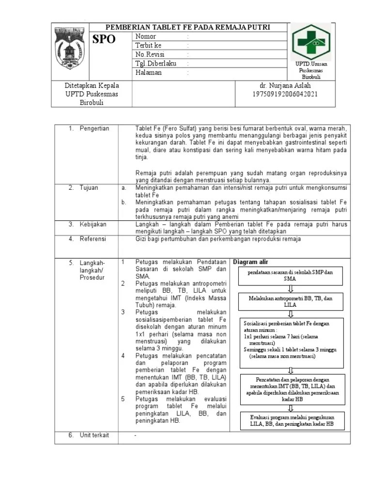 SPO - 14. Pemberian Tablet Fe Pada Remaja Putri | PDF