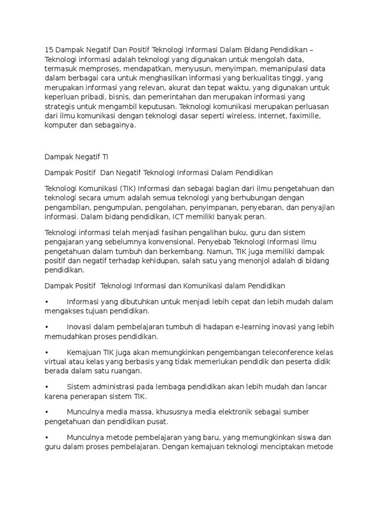 Dampak Negatif Dan Positif Teknologi Informasi Dalam Bidang Pendidikan