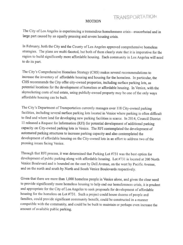 Legislative Proposal Homeless Housing in Venice