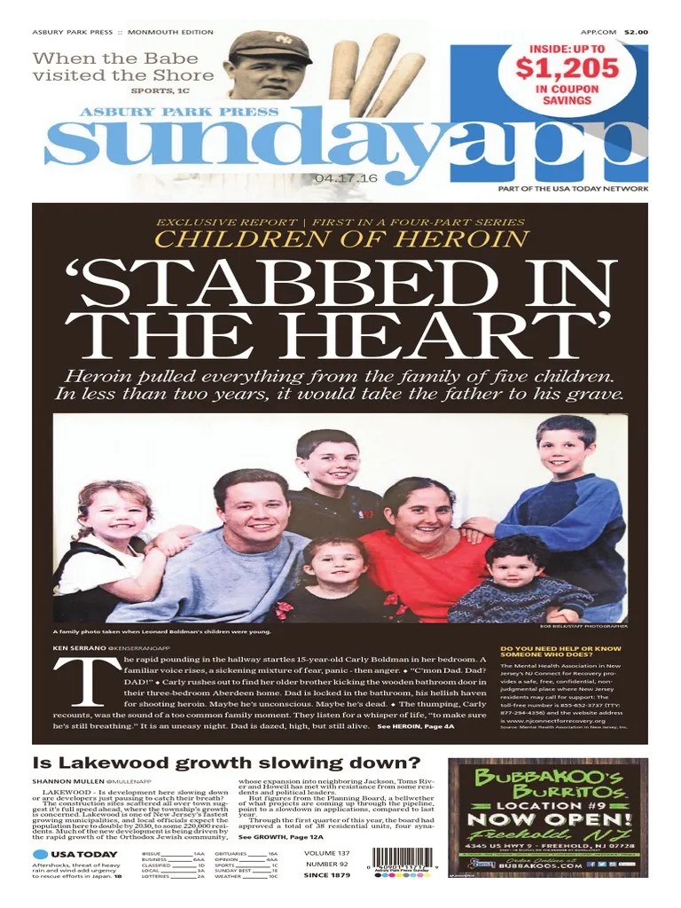 Asbury Park Press front page, April 17, 2016