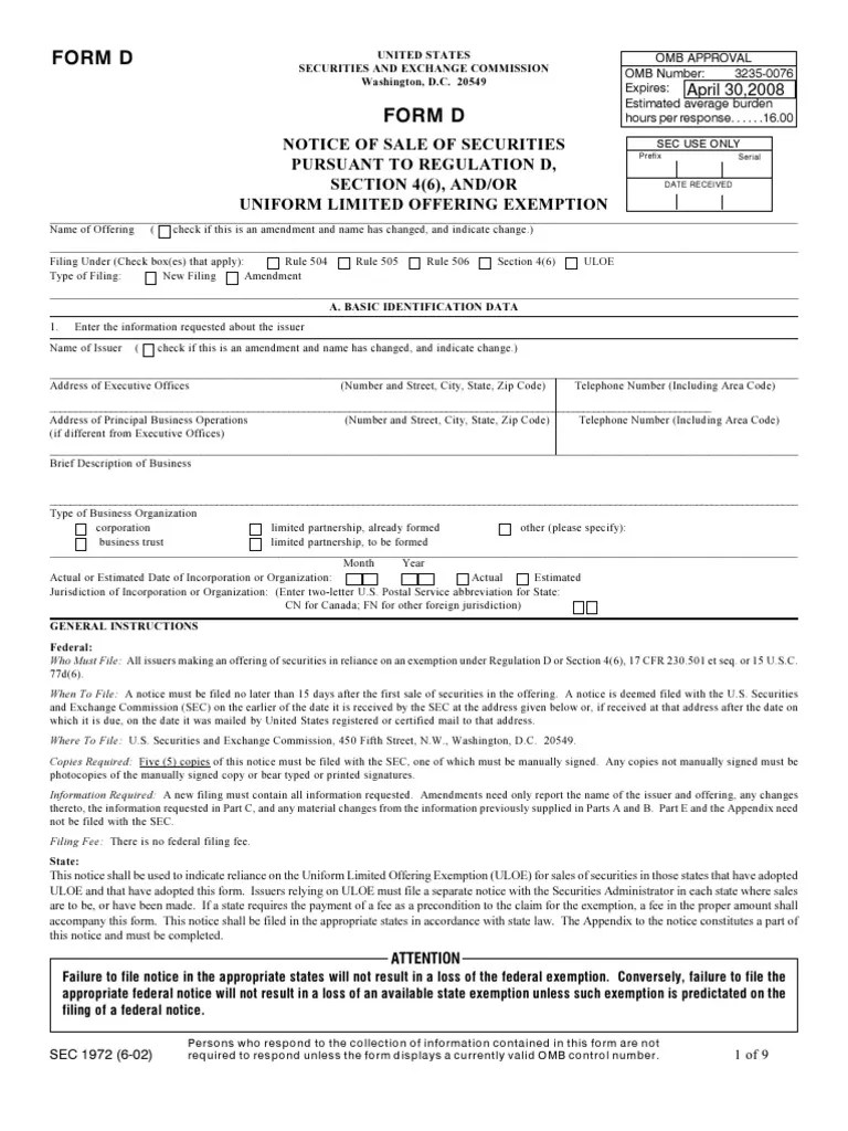 Form D Form D Securities (Finance) U.S. Securities And Exchange