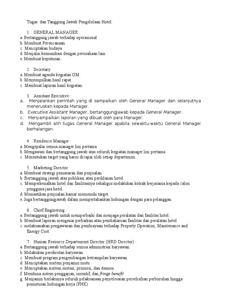 Tugas Masing-Masing Pengelola Hotel | PDF