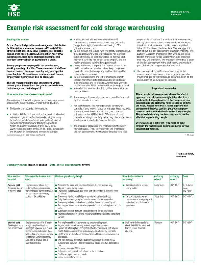 Risk Assessment for Cold Storage Warehousing Warehouse Occupational