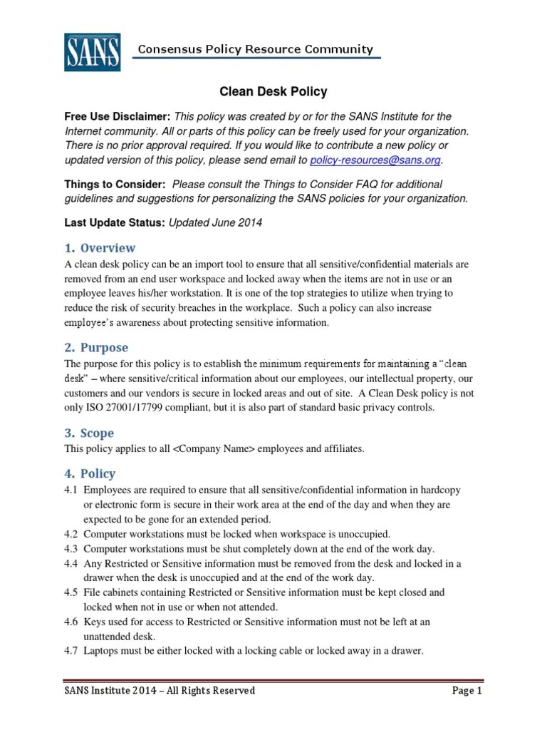 Clean Desk Policy Information Security Laptop