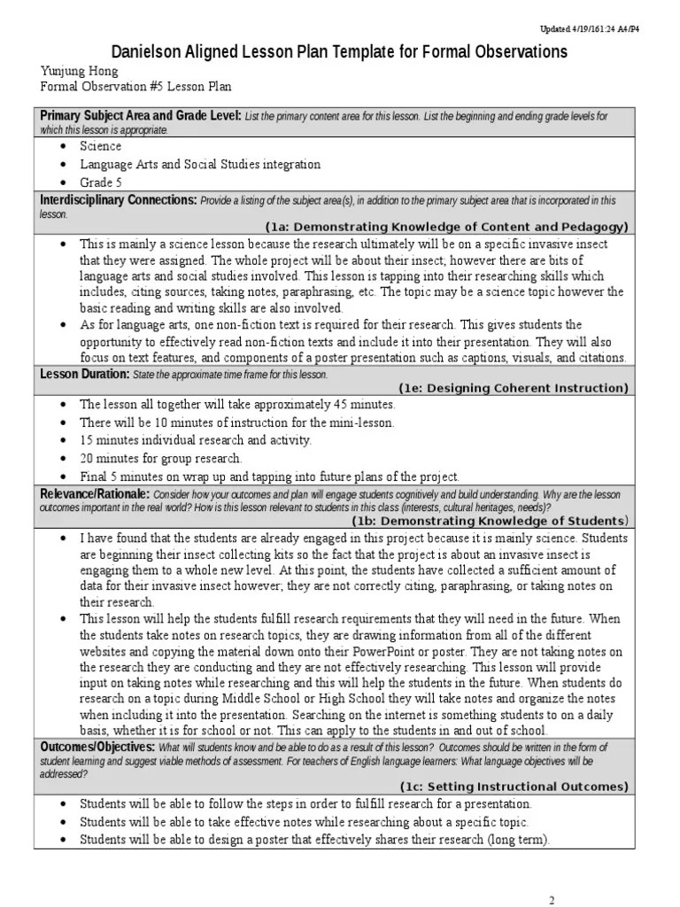 Danielson Aligned Lesson Plan Template For Formal Observations PDF Educational Assessment