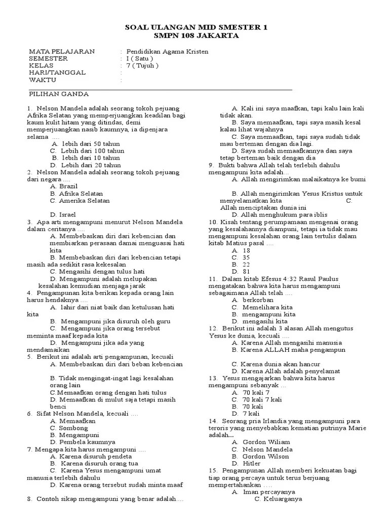 Soal Ulangan Mid Smester 1 K-13 2014 | PDF