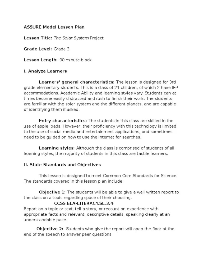 Assure Model Lesson Plan 1 PDF Learning Styles Lesson Plan