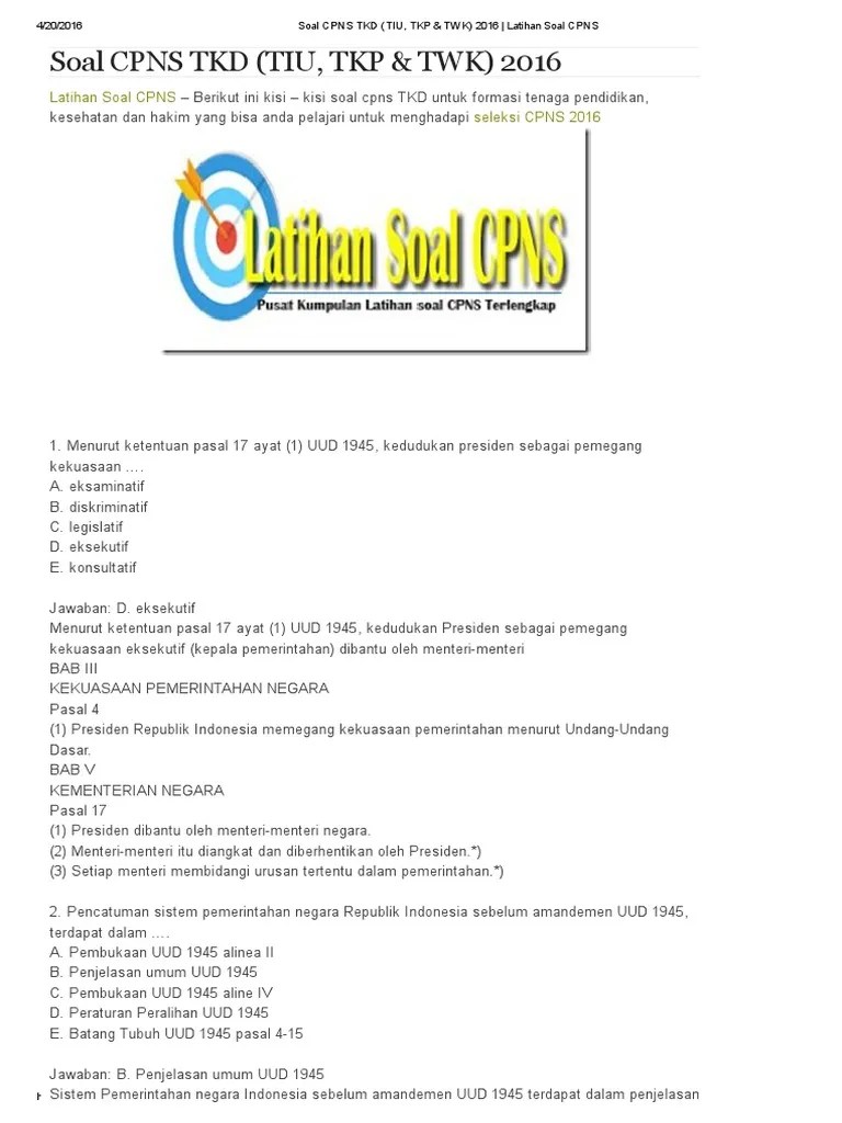 Soal Cpns TKD (Tiu, TKP & TWK) 2016 Latihan Soal Cpns PDF