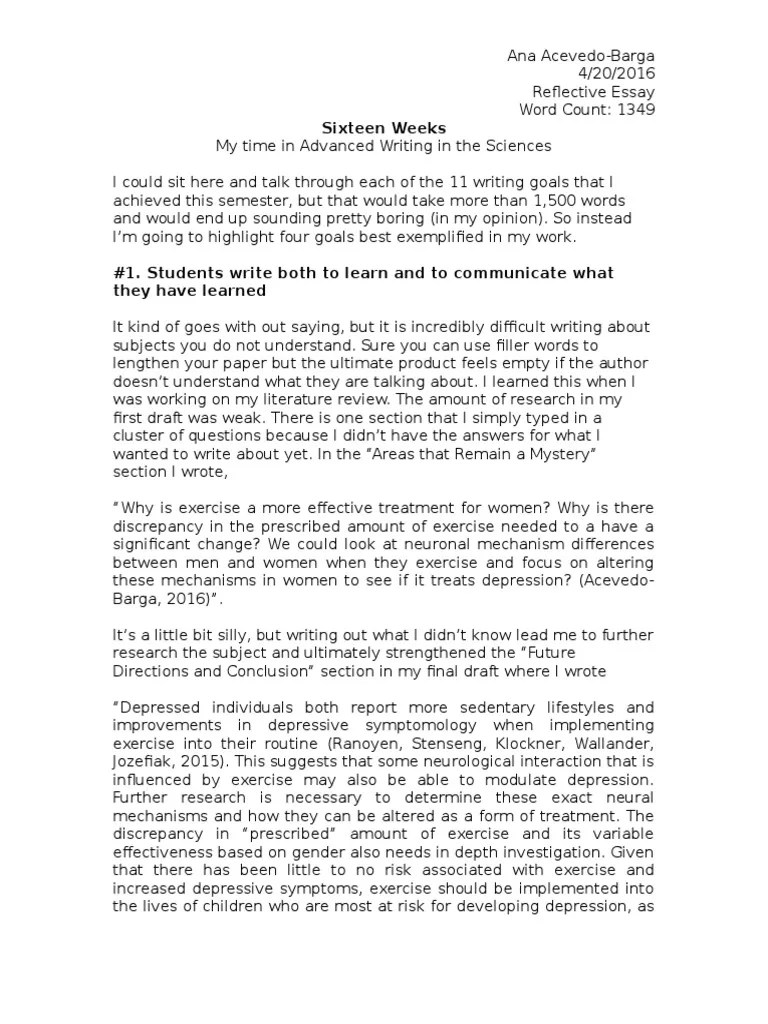 reflective essay d1 Major Depressive Disorder Physical Exercise