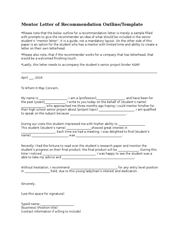 Mentor Letter of Outline/Template