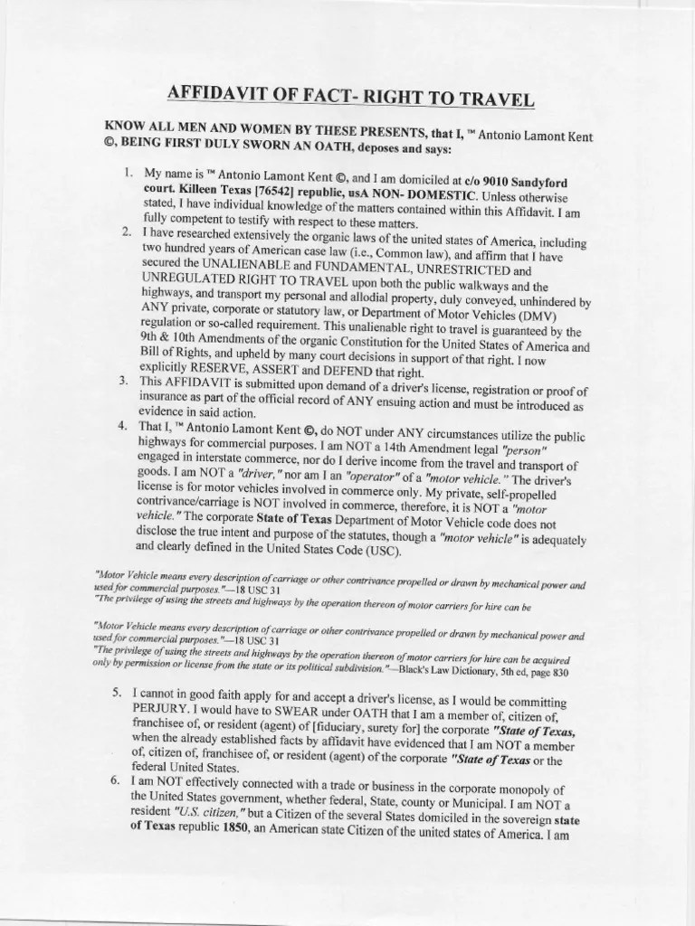 Affidavit of Right to Travel