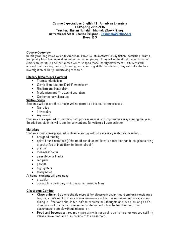 rsp english 11 syllabus Homework Classroom