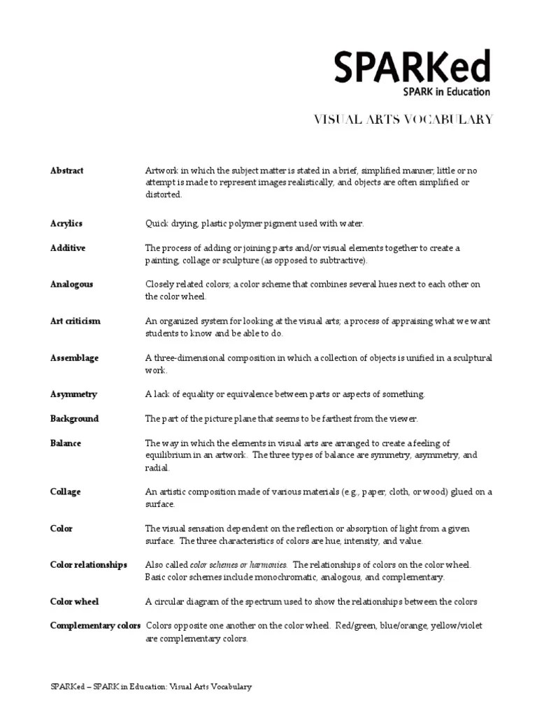 Visual Arts Vocabulary List PDF Color Composition (Visual Arts)