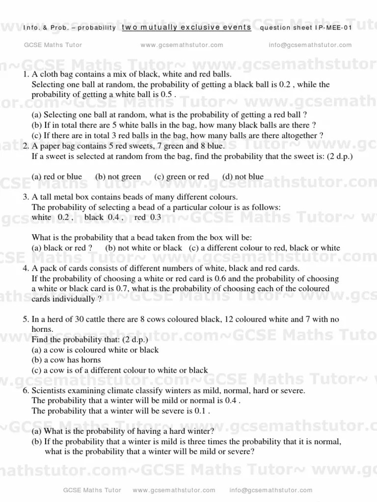 Mutually Exclusive Events Worksheet, probability revision