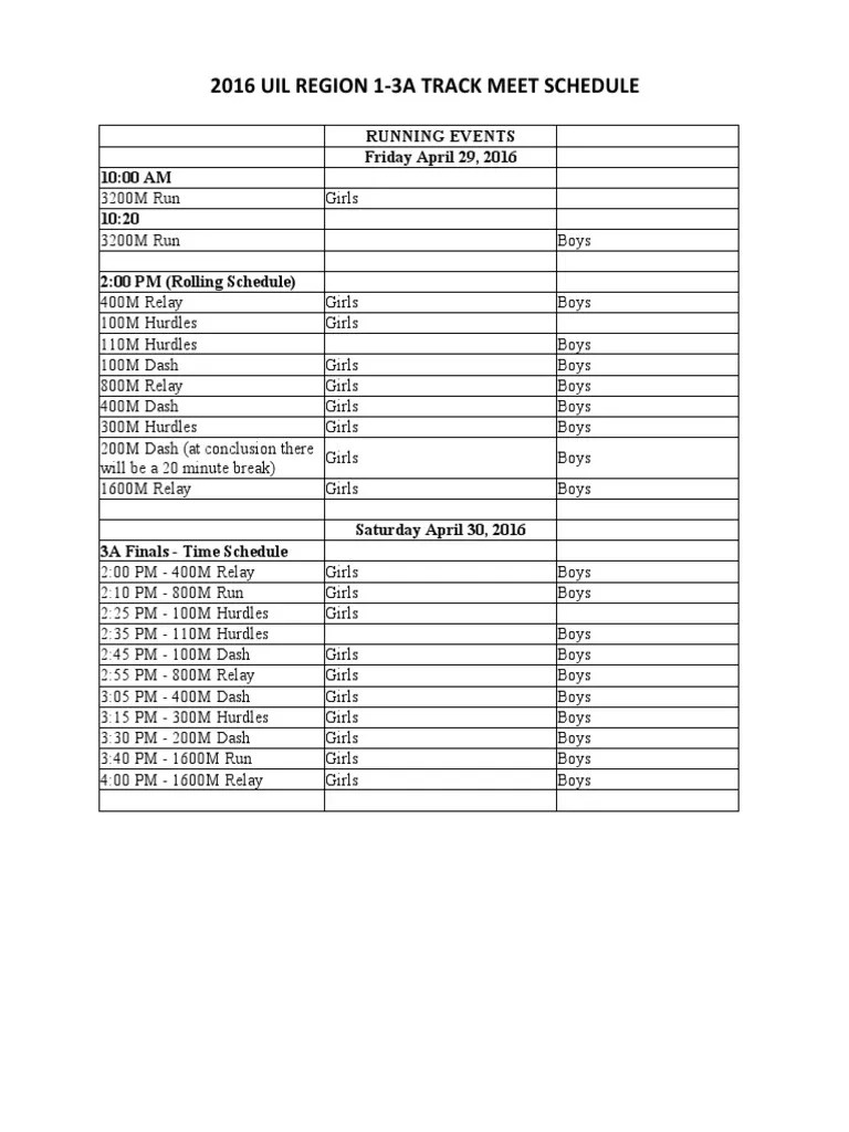 2016 Printable Uil Track Schedule PDF